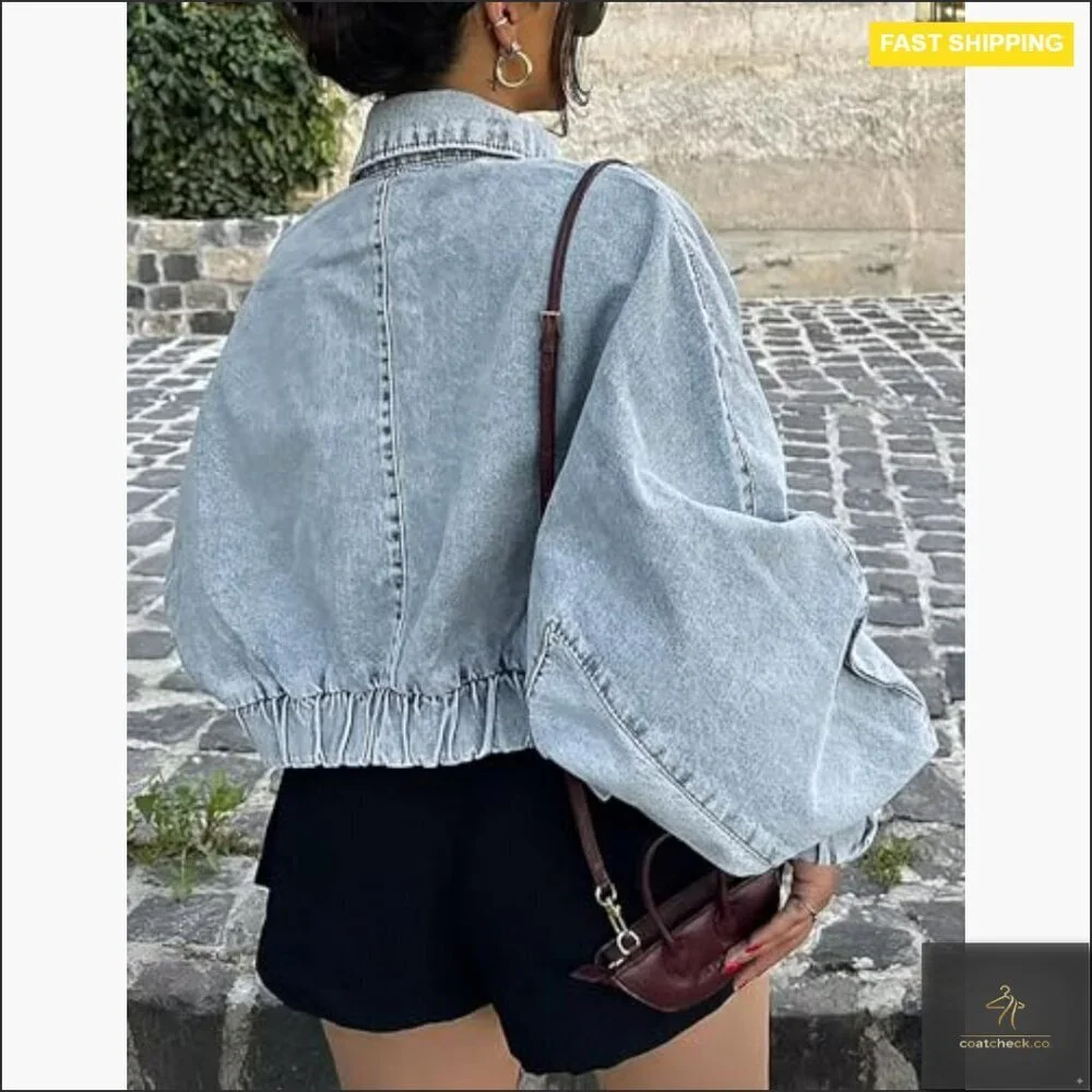 Oversized Cropped Denim Jacket Zip Up Bomber Shacket Light Wash